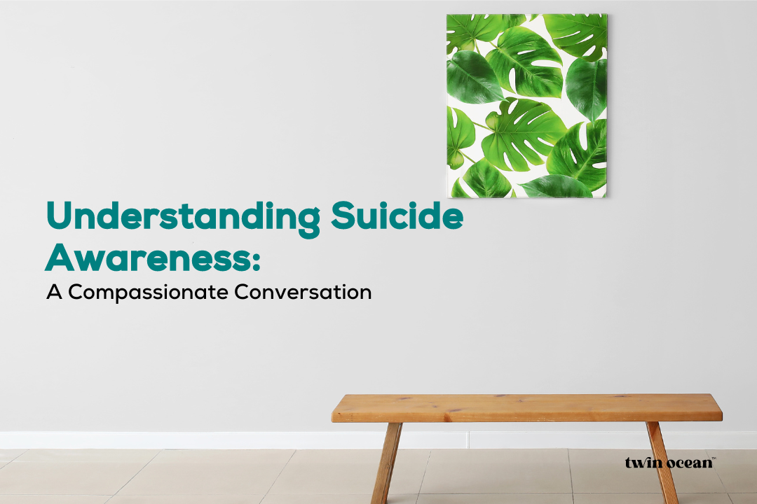 The graphic shows a bench with picture frame symbolizing reflection and conversation about suicide.
