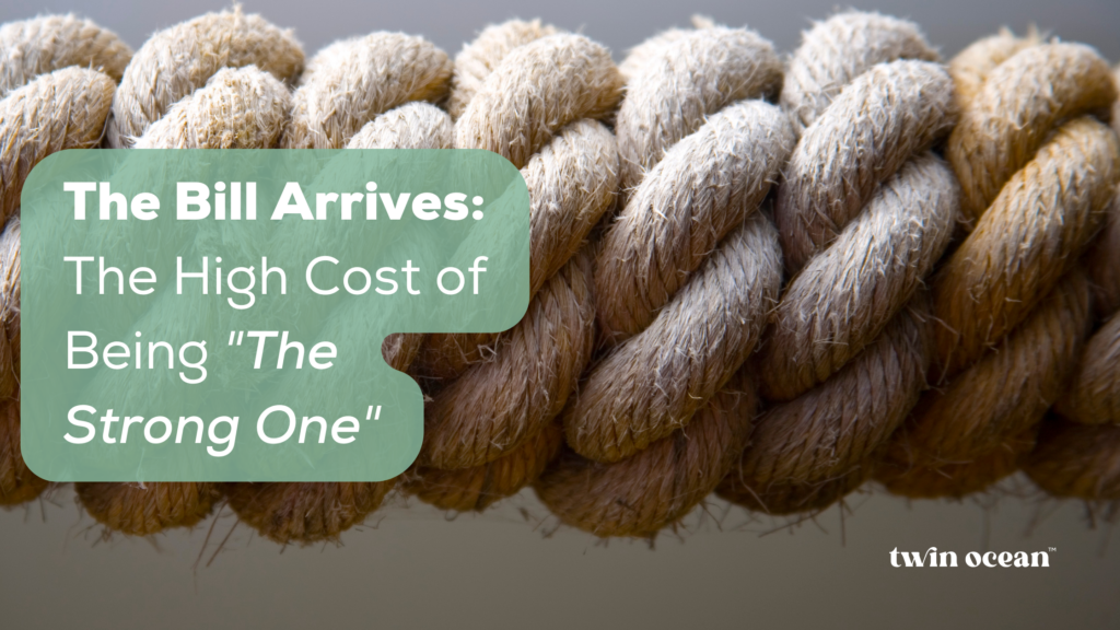 "An article banner for Twin Ocean featuring a graphic of a frayed rope under tension. The main title text reads 'The Bill Arrives,' followed by the subtitle 'The High Cost of Being The Strong One.' The Twin Ocean logo is in the bottom right corner. The image represents the hidden cost of being strong and the burnout that comes with immigrant resilience."